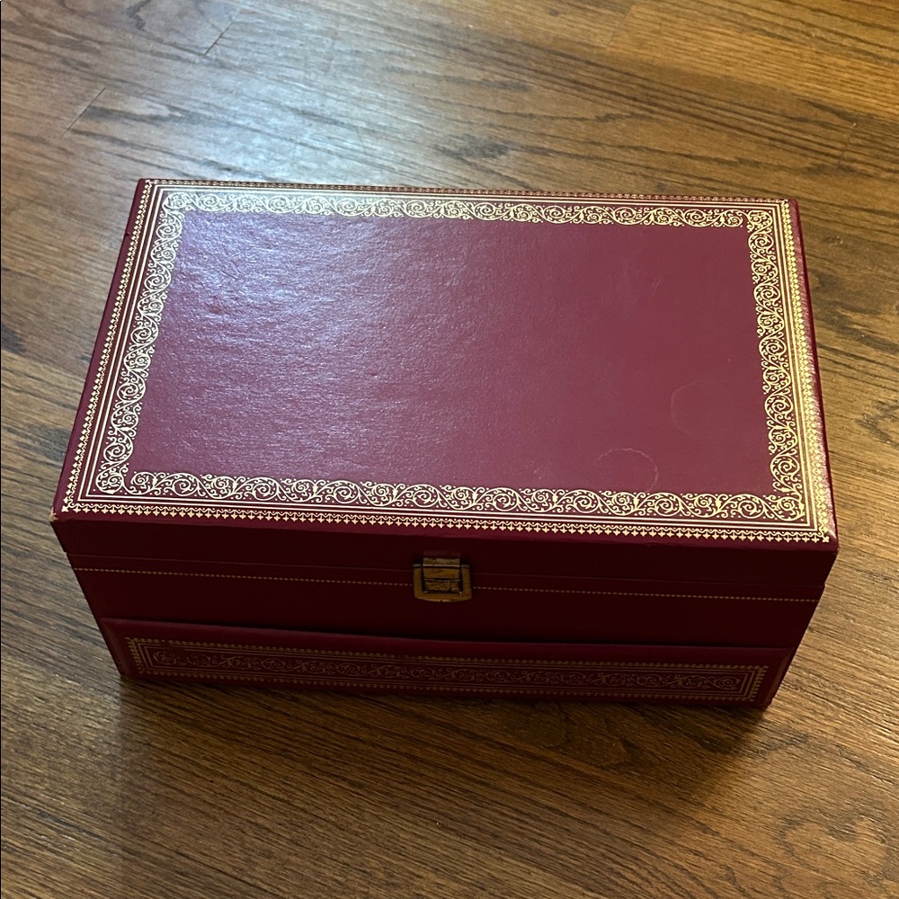 Mele Vintage Red Leather Jewelry Box with Gold Embossed Trim